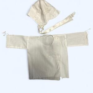 0-6 months Antique handmade 1930s linen button front top and embroidered cap